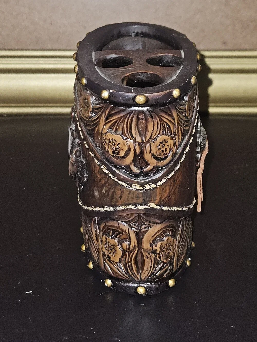 Equestrian Themed Tooled Leather & Carved Resin Toothbrush Caddy